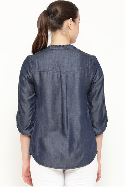 Gipsy Women Blue V Neck 3/4 Quarter Sleeves Tunic