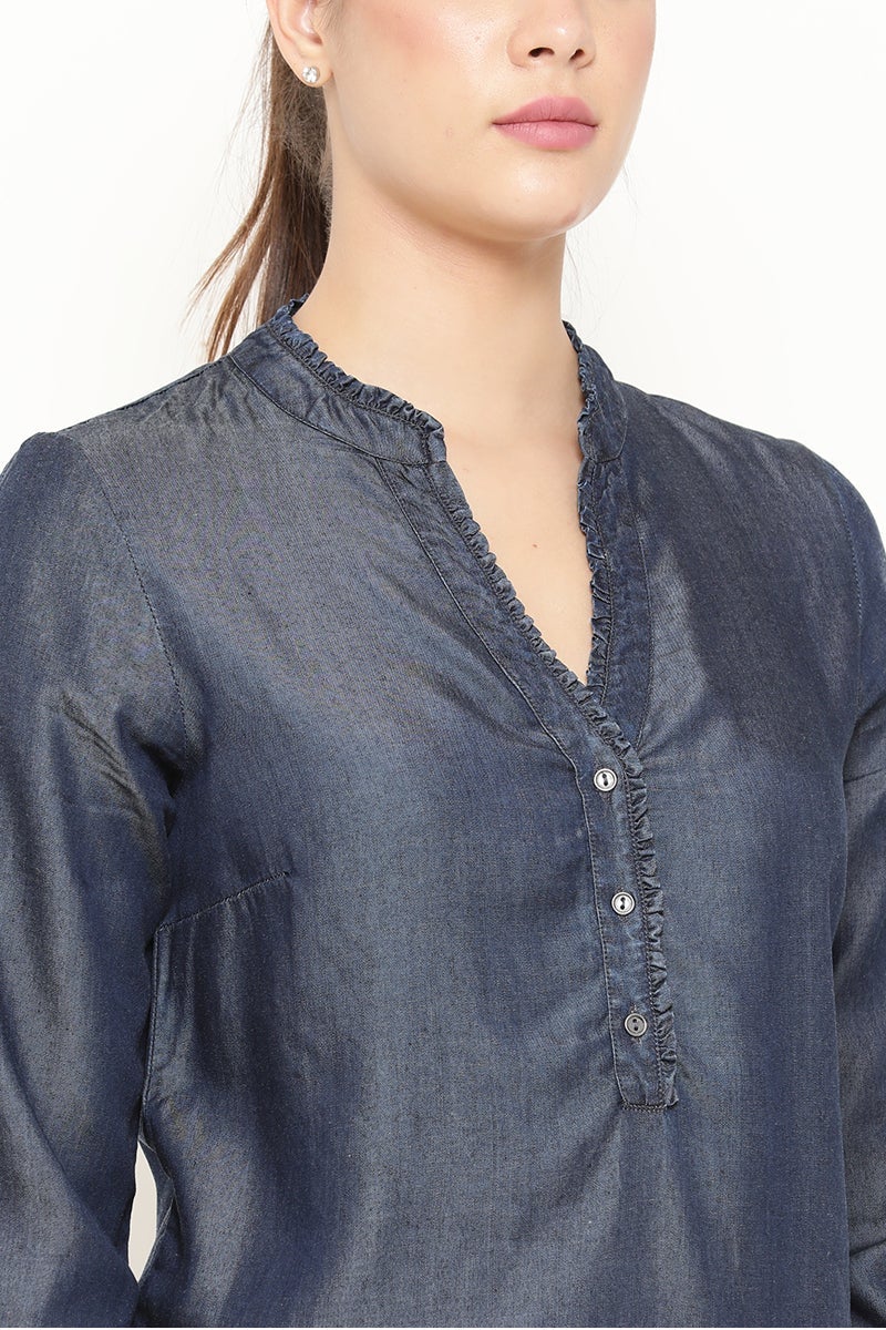 Gipsy Women Blue V Neck 3/4 Quarter Sleeves Tunic