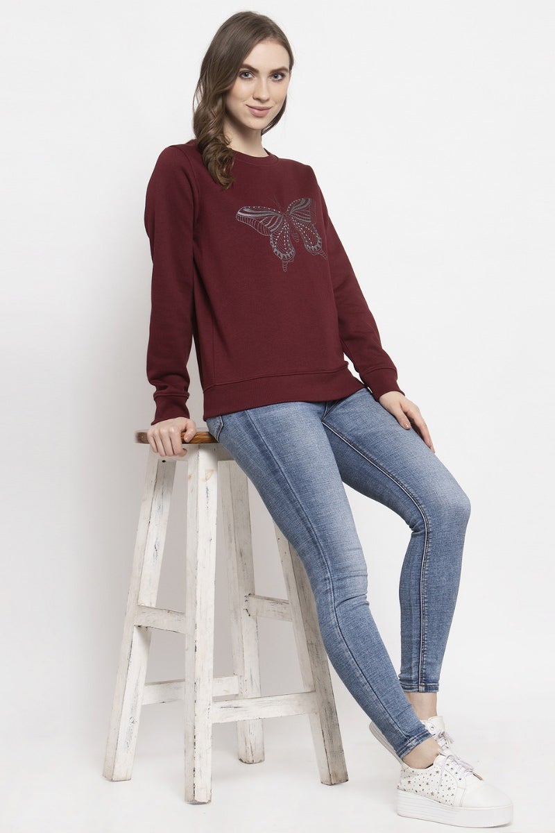 Gipsy Burgandy Solid Poly Cotton Sweatshirt