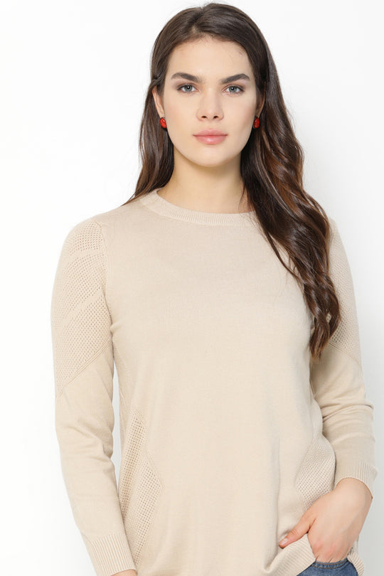 Gipsy Beige Medium Length Solid Acrylic Sweater