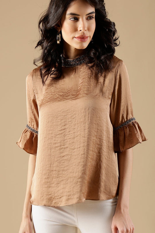 Golden Beige Regular Fit Satin Blouse