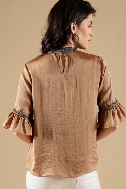 Golden Beige Regular Fit Satin Blouse