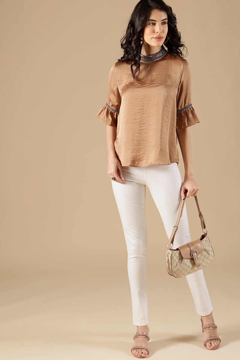 Golden Beige Regular Fit Satin Blouse
