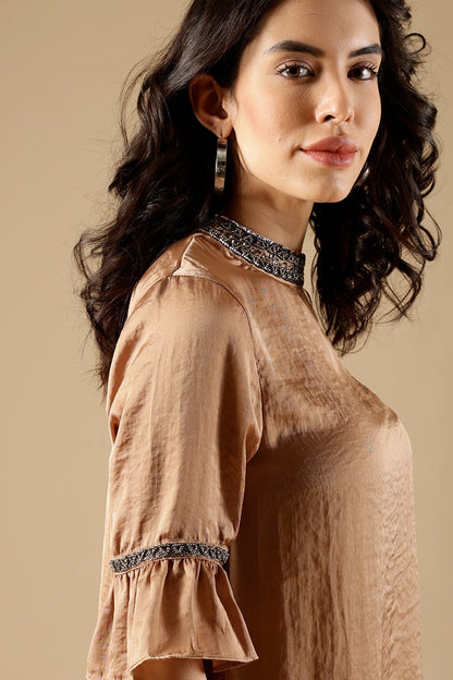 Golden Beige Regular Fit Satin Blouse