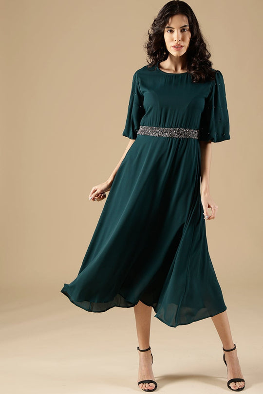 Bottle Green Regular Fit Poleyster Dress