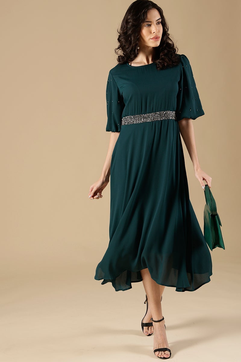 Bottle Green Regular Fit Poleyster Dress
