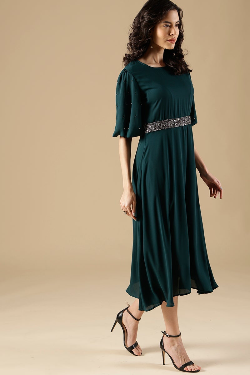 Bottle Green Regular Fit Poleyster Dress