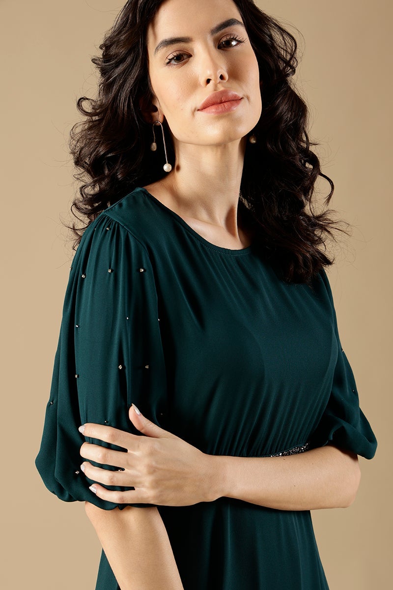 Bottle Green Regular Fit Poleyster Dress