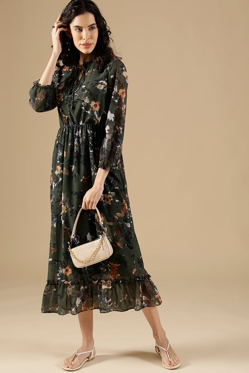 Olive Regular Fit Georgette Dress