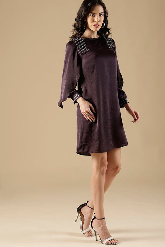 Dark Purple Regular Fit Satin Dress