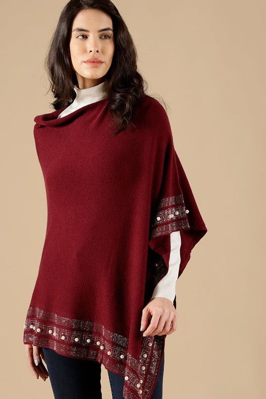 Wine Regular Fit Acrylic Poncho