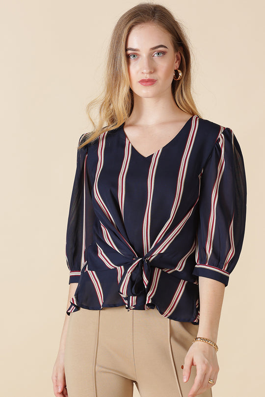 Gipsy Navy Stripe Print Georgette Blouse