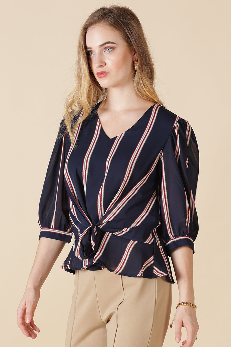 Gipsy Navy Stripe Print Georgette Blouse