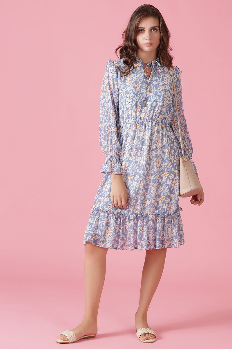 Buy Gipsy Blue Floral Print Georgette Dress - Gipsy Online
