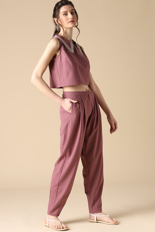 Gipsy Aubergine Fashion V-Neck Poly Crepe Co-ord