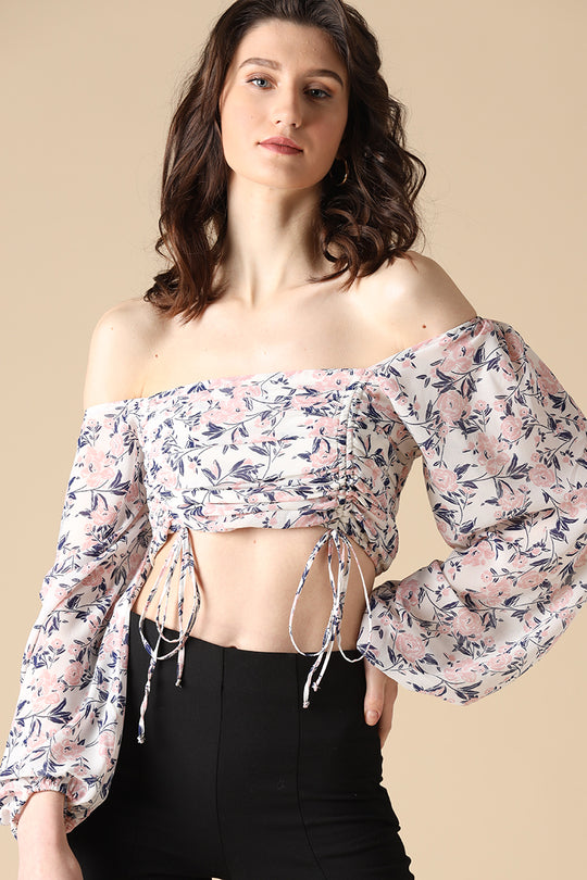 Gipsy White Fashion Off-Shoulder Georgette Crop