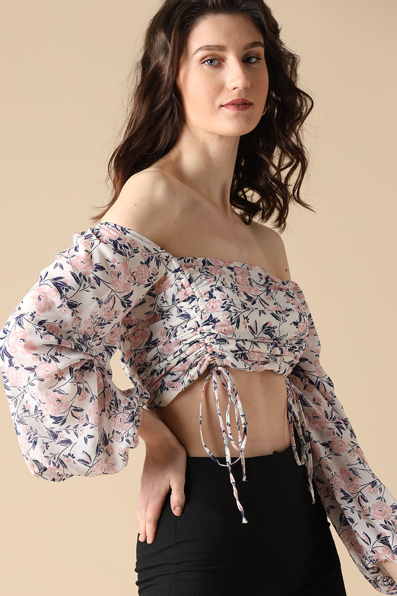 Gipsy White Fashion Off-Shoulder Georgette Crop