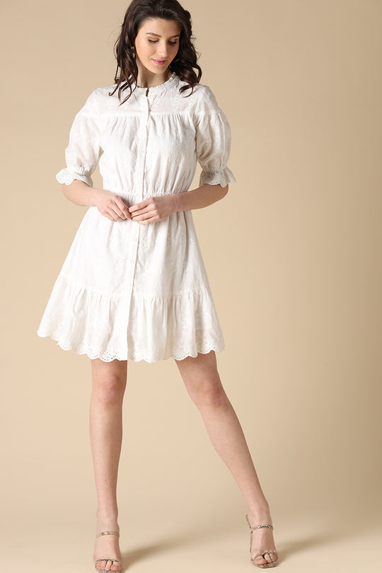 Gipsy White Fashion Round Neck Cotton Dress