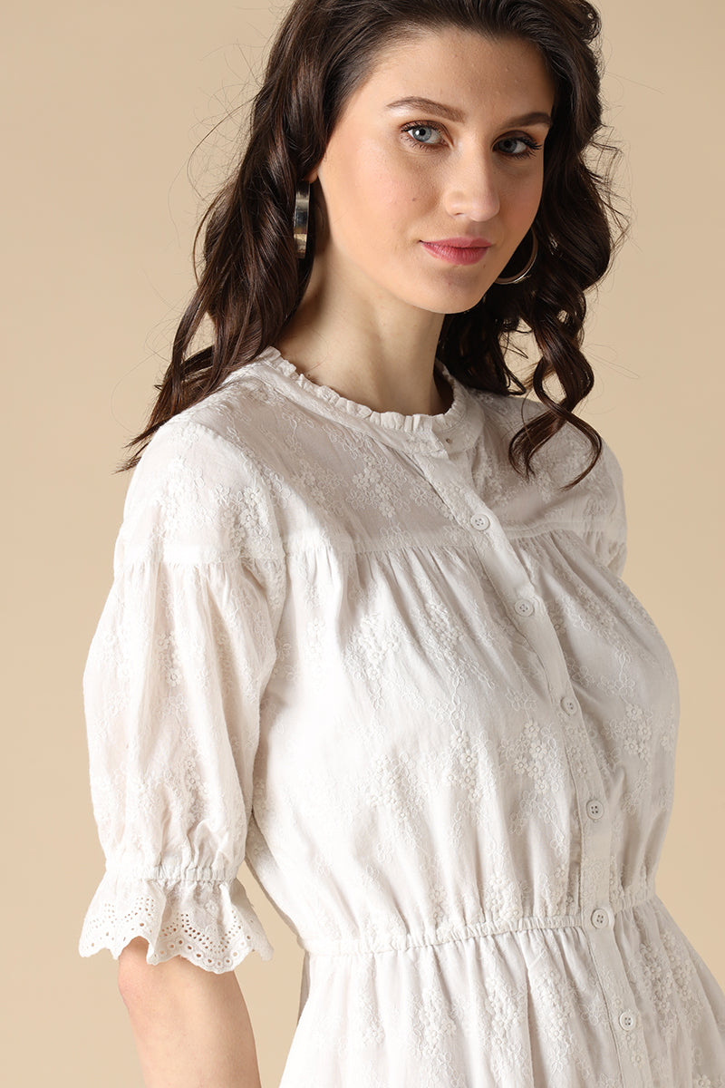 Gipsy White Fashion Round Neck Cotton Dress