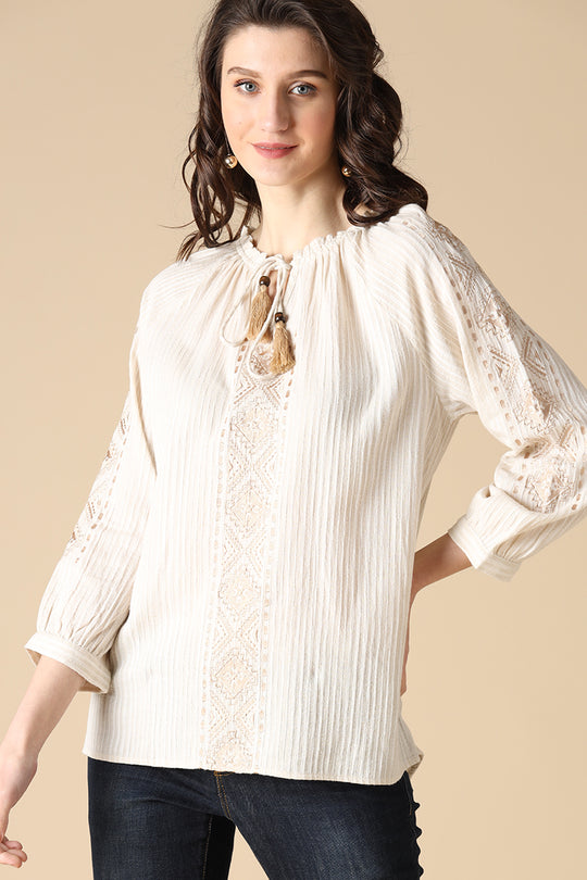 Gipsy Beige Fashion Round Neck Cotton Tunic