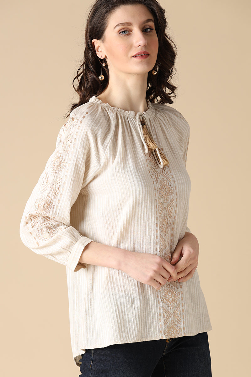 Gipsy Beige Fashion Round Neck Cotton Tunic