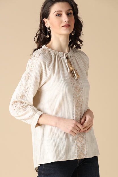 Gipsy Beige Fashion Round Neck Cotton Tunic