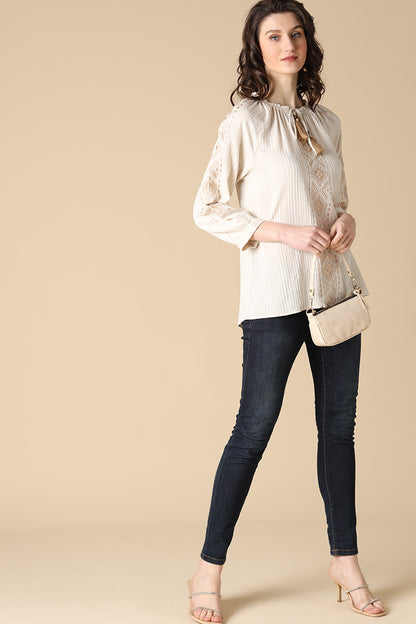 Gipsy Beige Fashion Round Neck Cotton Tunic