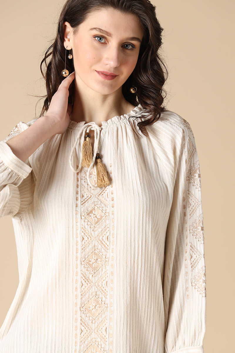 Gipsy Beige Fashion Round Neck Cotton Tunic