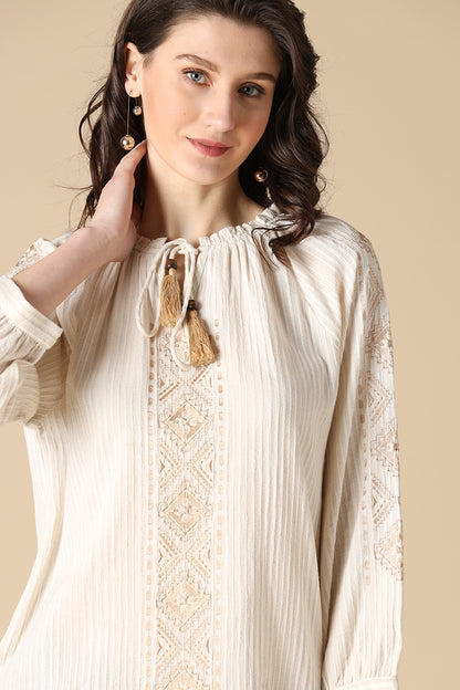 Gipsy Beige Fashion Round Neck Cotton Tunic