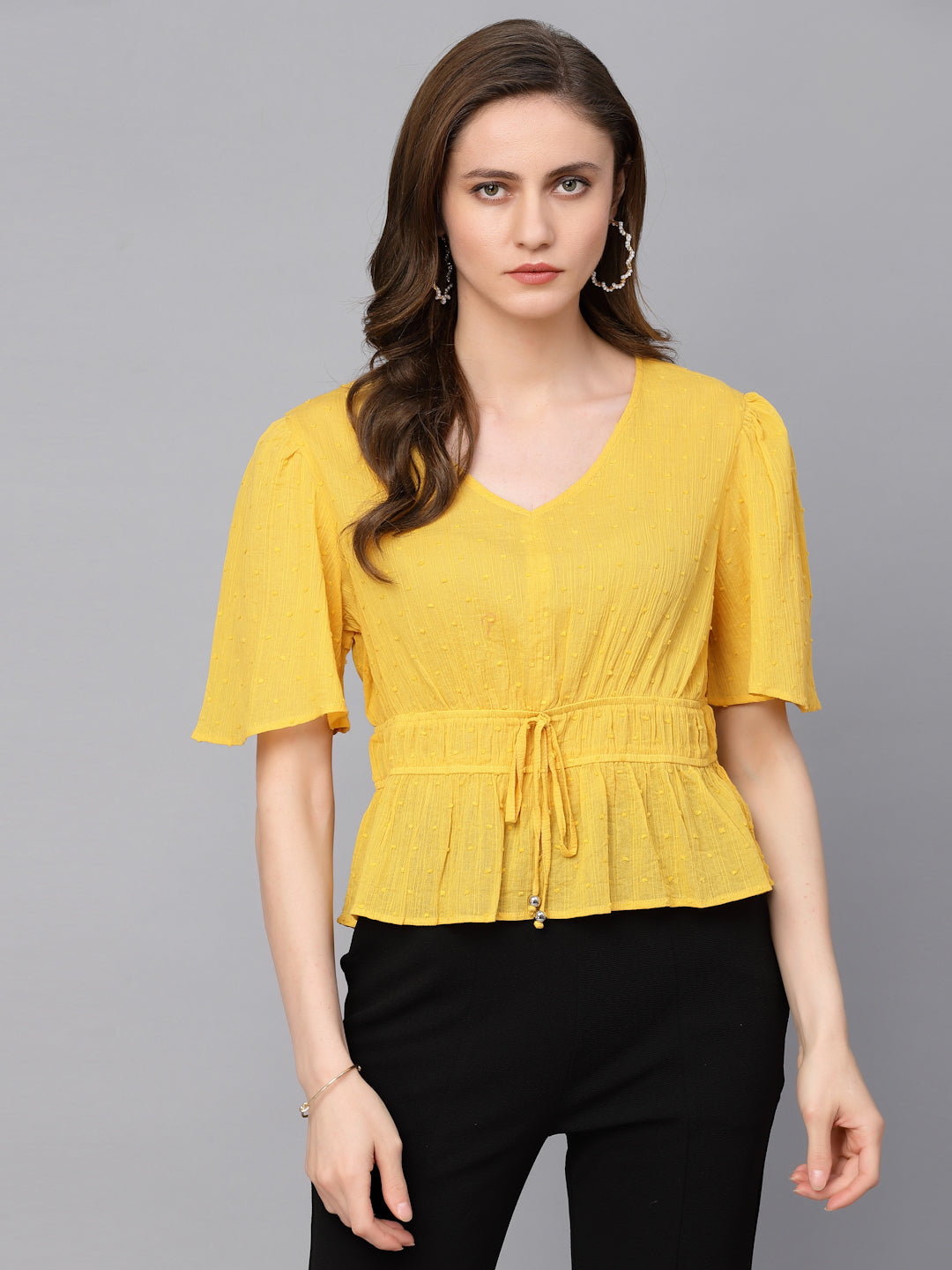 Gipsy Yellow Flared Sleeve V-Neck Cinched Waist Cotton Top