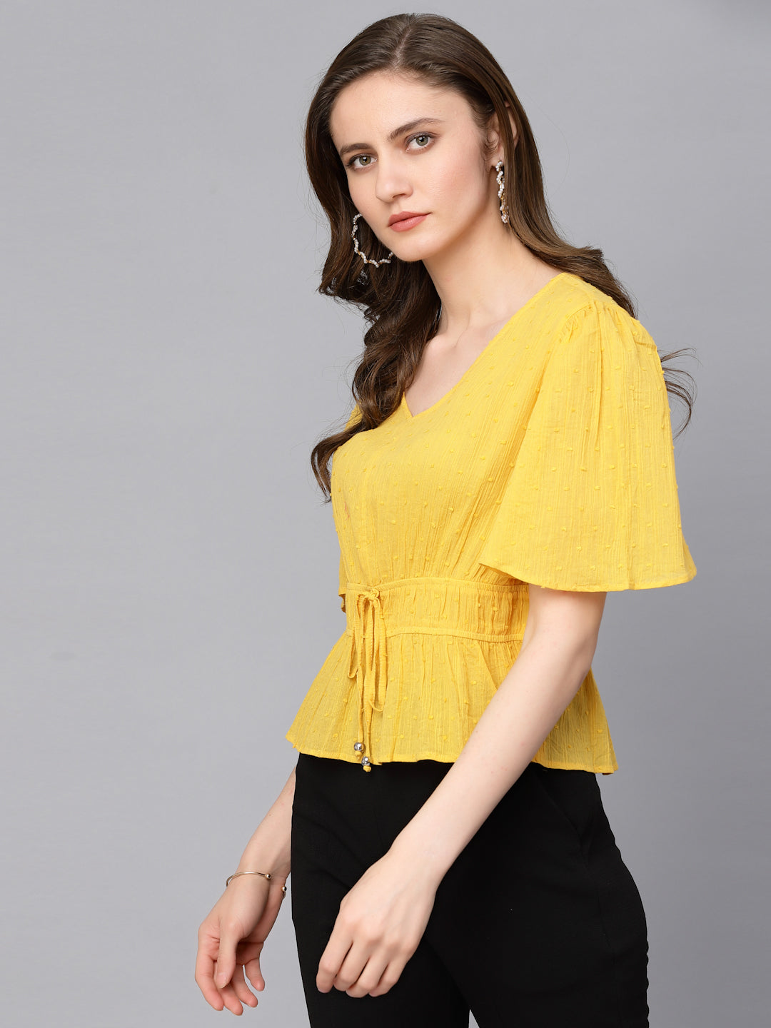Gipsy Yellow Flared Sleeve V-Neck Cinched Waist Cotton Top