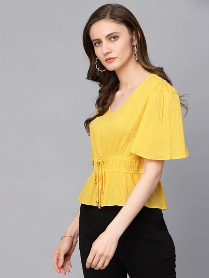 Gipsy Yellow Flared Sleeve V-Neck Cinched Waist Cotton Top