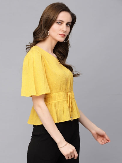Gipsy Yellow Flared Sleeve V-Neck Cinched Waist Cotton Top