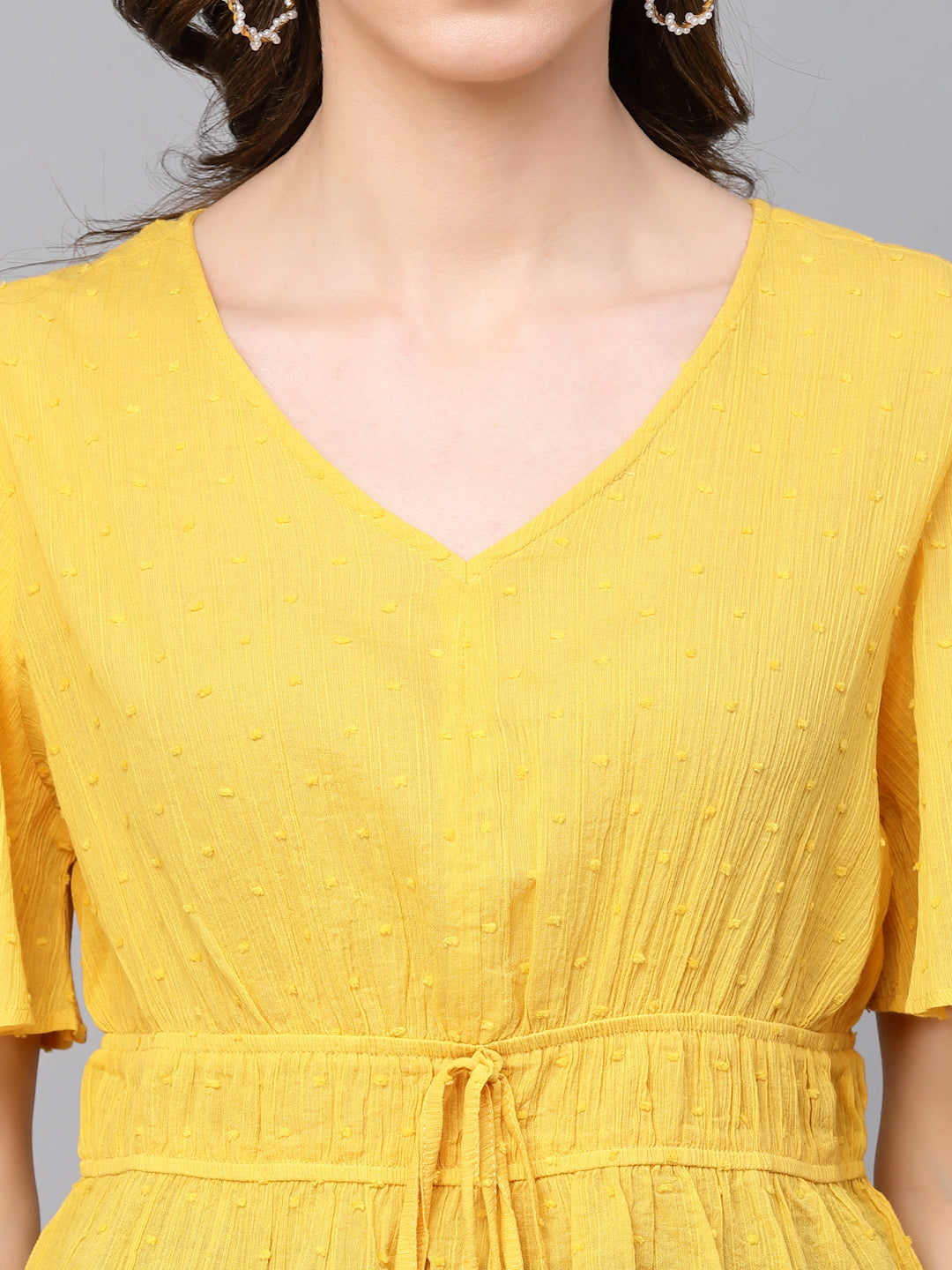 Gipsy Yellow Flared Sleeve V-Neck Cinched Waist Cotton Top