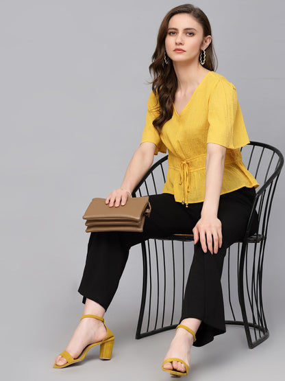 Gipsy Yellow Flared Sleeve V-Neck Cinched Waist Cotton Top