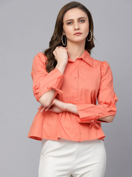 Gipsy Orange Shirt Collar Puffed Sleeves Shirt