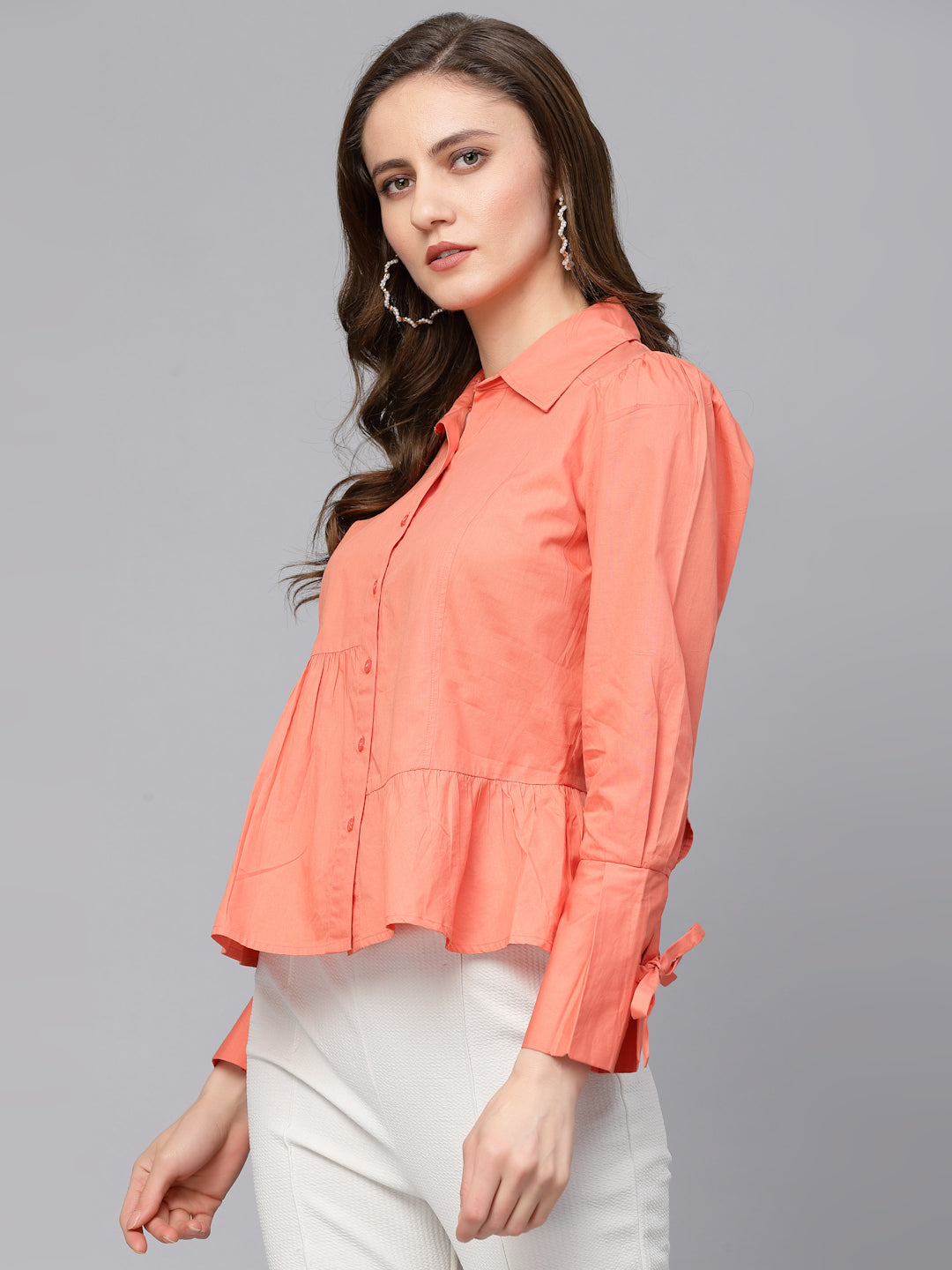 Gipsy Orange Shirt Collar Puffed Sleeves Shirt
