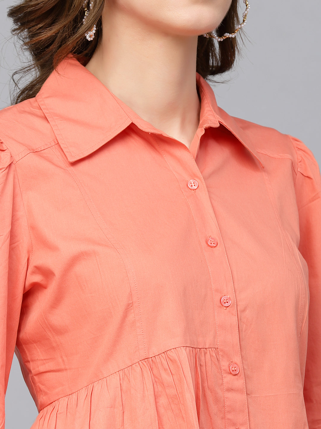 Gipsy Orange Shirt Collar Puffed Sleeves Shirt