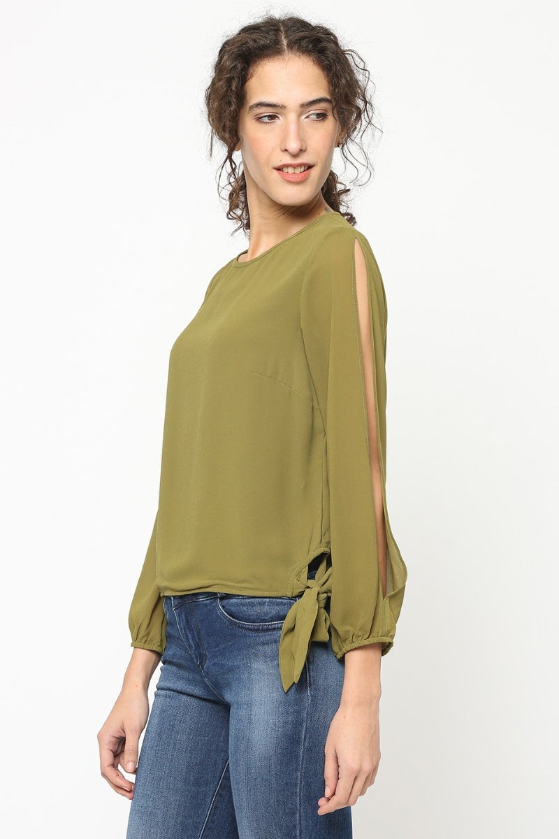 Gipsy Women Olive Round Neck Full Cut Sleeves Top