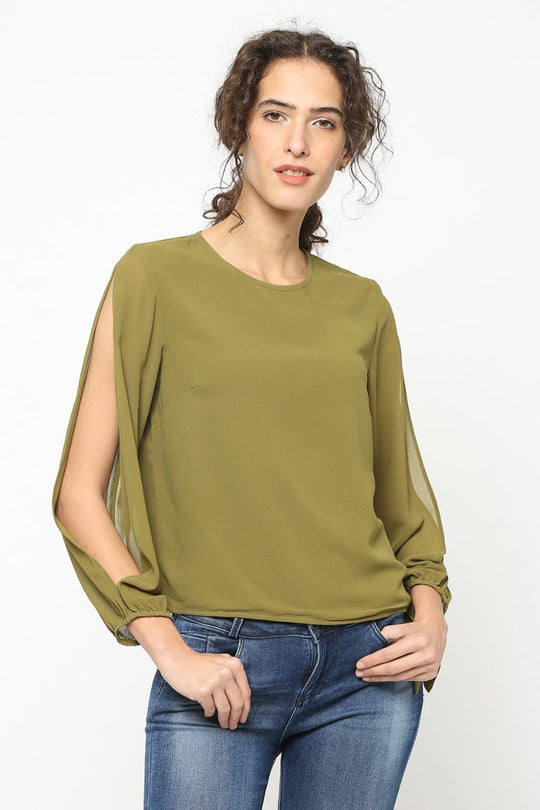 Gipsy Women Olive Round Neck Full Cut Sleeves Top