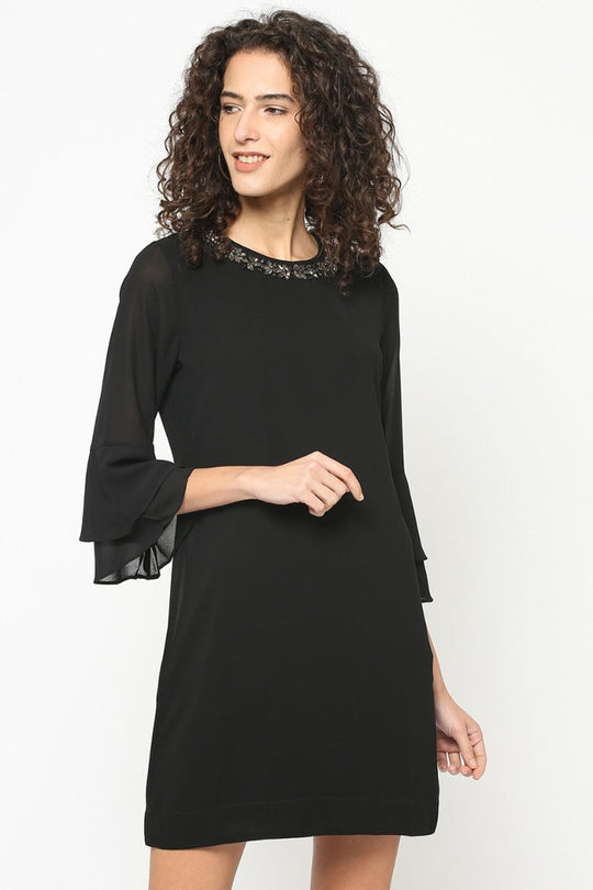 Gipsy Women Black Round Neck 3/4 Quarter Sleeves Dress