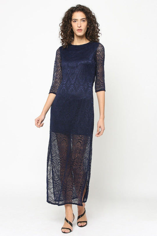 Gipsy Women Navy Round Neck 3/4 Quarter Sleeves Dress