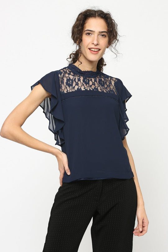 Gipsy Women Navy Round Neck Sleeveless Top