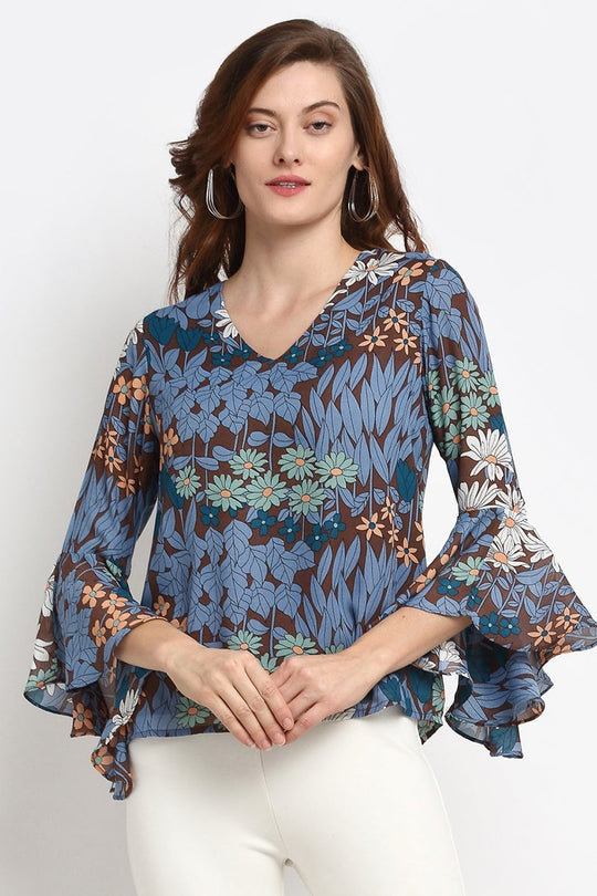 Coffee Medium Length V-Neck Polyster Blouse