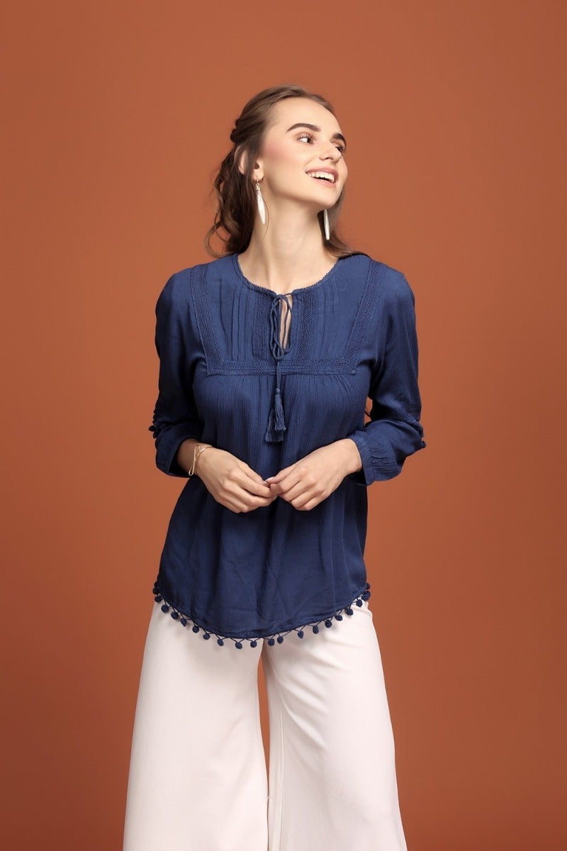 Vivid Solid Navy Lace Top