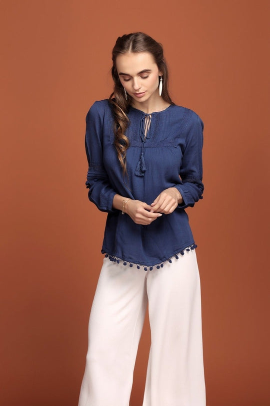 Vivid Solid Navy Lace Top
