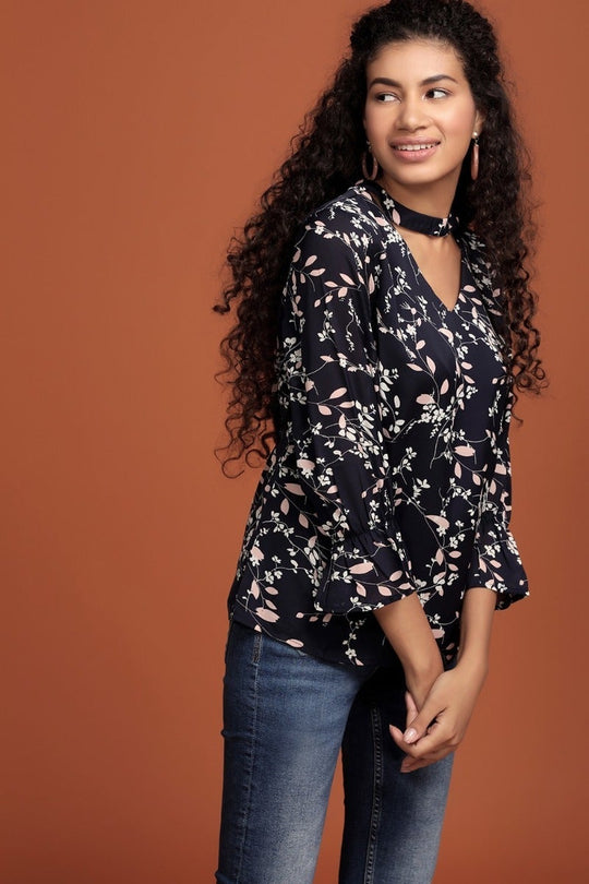 Navy Printed V Neck Top