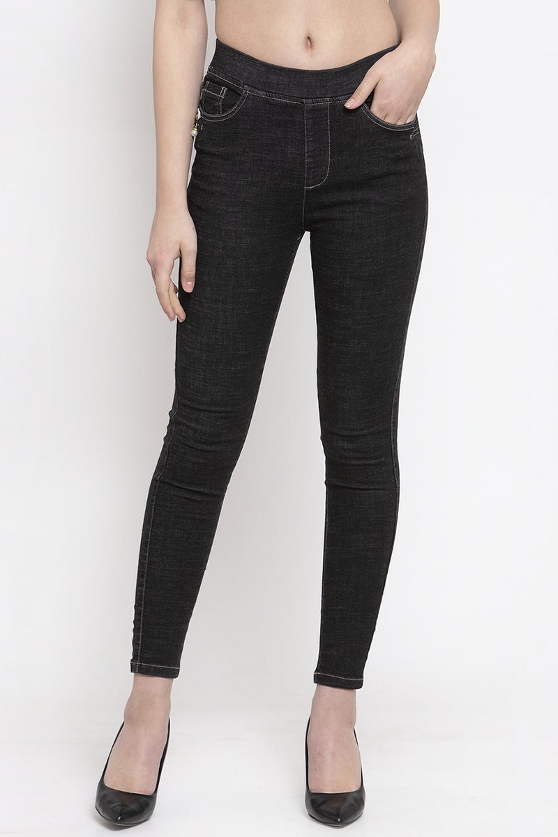 Navy Blue Solid Cotton Jegging