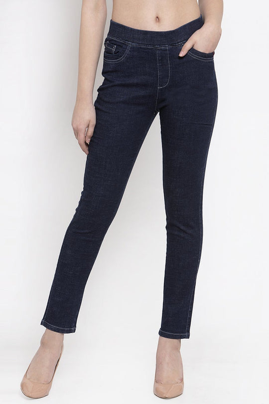 Navy Blue Solid Cotton Jegging