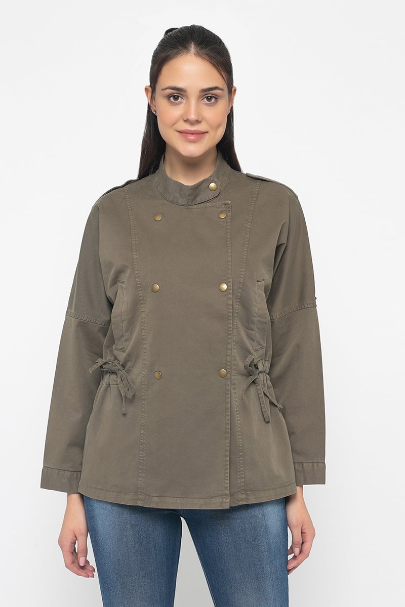 Olive Regular Length Solid Cotton Jacket